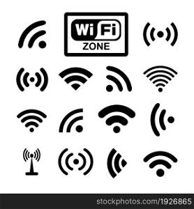 Set of different black wireless and wifi icons for remote access and communication via radio waves. Vector illustration on white background. Set of twelve different black vector wireless and wifi icons