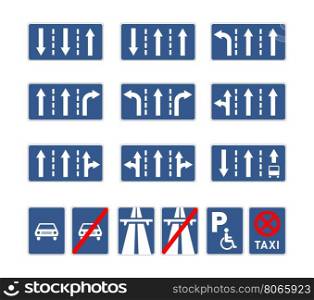 Set of different blue road signs on white. Set of different blue road signs isolated on white