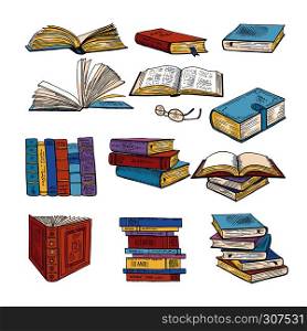 Set of different books. Encyclopedia, dictionary and others. Doodle vectors illustration. Book encyclopedia and paper dictionary book. Set of different books. Encyclopedia, dictionary and others. Doodle vectors illustration