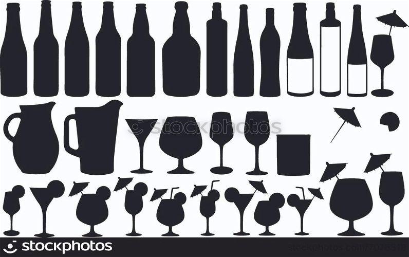 Set of different bottles and glasses isolated on white