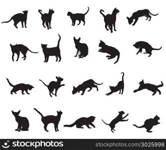 Set of different breeds cats silhouettes (sitting, standing, lying, playing) in black color isolated on white background. Vector monochrome illustration