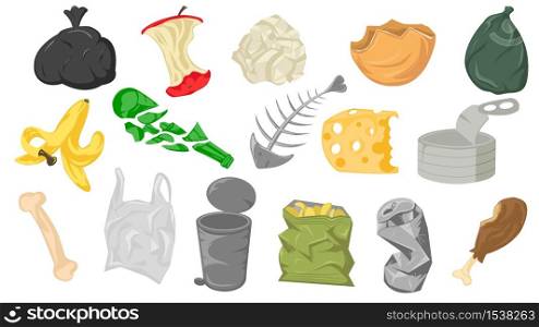 Set of different cartoon scraps and garbage vector graphic illustration. Collection of various trash waste isolated on white background. Environmental pollution concept. Set of different cartoon scraps and garbage vector graphic illustration