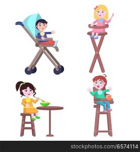 Set of different children two boys and two girls who ask for food, eat or cry, three of them sit on highchair and one in baby carriage. Vector illustration set of toddler characters for Mother Day.. Set of Children Characters. Happy Mother Day Set.