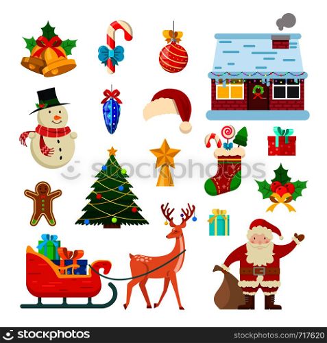 Set of different Christmas decoration on white background