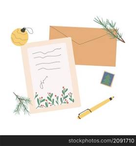 Set of different Christmas envelopes with mail, postage stamps and postcards, parcels, vector flat illustration.Set of various craft paper letters.. Set of different Christmas envelopes with mail, postage stamps and postcards, parcels, vector flat illustration.