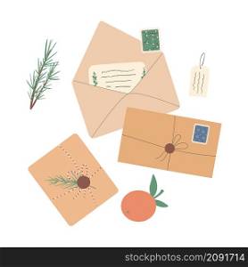 Set of different Christmas envelopes with mail, postage stamps and postcards, parcels, vector flat illustration.Set of various craft paper letters.. Set of different Christmas envelopes with mail, postage stamps and postcards, parcels, vector flat illustration.