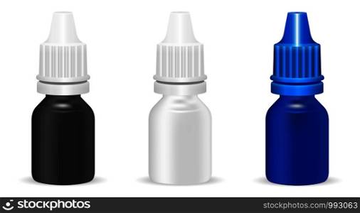 Set of different color medicine dropper bottles. Blank plastic eyedropper containers. HQ EPS10 vector mockup.. Set of different color medicine dropper bottle
