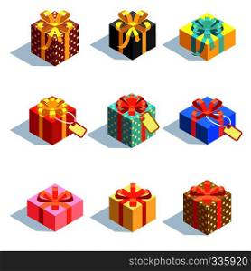 Set of different colored 3D giftboxes with ribbons isolated. Flat vector illustration. Collection of gift box package surprise with ribbon. Set of different colored 3D giftboxes with ribbons isolated. Flat vector illustration