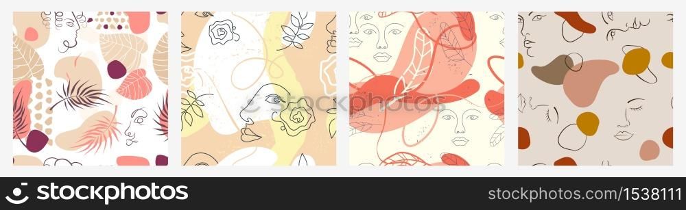 Set of different colorful abstract face and flowers seamless pattern vector flat illustration. Collection of futuristic pastel human facial line and shapes decoration isolated on white background. Set of different colorful abstract face and flowers seamless pattern vector flat illustration