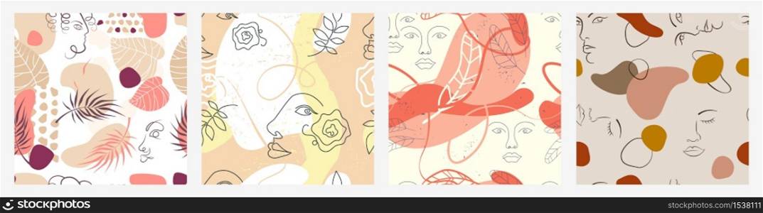 Set of different colorful abstract face and flowers seamless pattern vector flat illustration. Collection of futuristic pastel human facial line and shapes decoration isolated on white background. Set of different colorful abstract face and flowers seamless pattern vector flat illustration