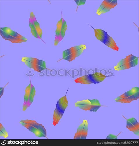 Set of Different Colorful Feathers Seamless Pattern Isolated on Blue Background. Colorful Feathers Seamless Pattern