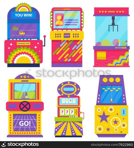 Set of different colorful retro arcade machines isolated on white. Game application on screen. Gaming room, vintage entertainment, vector. Old playing device. Machine for gambling and winning money. Set of Colorful Game Machines, Arcades Vector