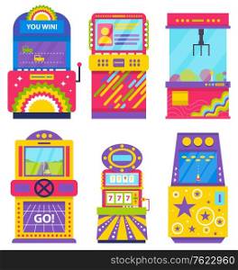 Set of different colorful retro arcade machines isolated on white. Game application on screen. Gaming room, vintage entertainment, vector. Old playing device. Machine for gambling and winning money. Set of Colorful Game Machines, Arcades Vector