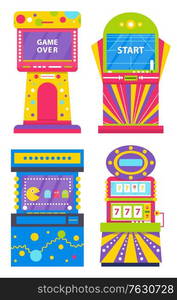 Set of different colorful retro arcade machines isolated on white. Game application on screen. Gaming room, vintage entertainment, vector. Old playing device. Machine for gambling and winning money. Set of Colorful Game Machines, Arcades Vector