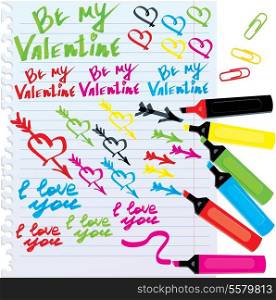 Set of different colors markers and marks for Valentine`s Day design
