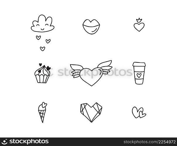 Set of different dooddle elements for wedding, Valentines Day and Kiss day design icon. Hand drawn monoline art cartoon vector illustration. Romantic element.. Set of different dooddle elements for wedding, Valentines Day and Kiss day design icon. Hand drawn monoline art cartoon vector illustration. Romantic element