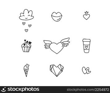 Set of different dooddle elements for wedding, Valentines Day and Kiss day design icon. Hand drawn monoline art cartoon vector illustration. Romantic element.. Set of different dooddle elements for wedding, Valentines Day and Kiss day design icon. Hand drawn monoline art cartoon vector illustration. Romantic element