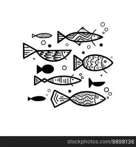 Set of different doodle fish with boho pattern and bubbles. School of fish. Vector lagoon object for postcards, coloring pages, banners and your design.. Set of different doodle fish with boho pattern and bubbles. School of fish. Vector lagoon object