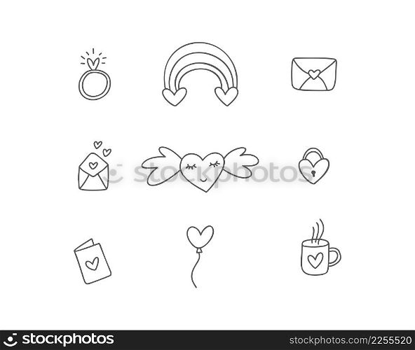 Set of different doodle love elements with heart for wedding, Valentine Day and Kiss day design icon. Hand drawn monoline art vector illustration. Romantic ring, rainbow, envelope.. Set of different doodle love elements with heart for wedding, Valentine Day and Kiss day design icon. Hand drawn monoline art vector illustration. Romantic ring, rainbow, envelope