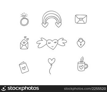 Set of different doodle love elements with heart for wedding, Valentine Day and Kiss day design icon. Hand drawn monoline art vector illustration. Romantic ring, rainbow, envelope.. Set of different doodle love elements with heart for wedding, Valentine Day and Kiss day design icon. Hand drawn monoline art vector illustration. Romantic ring, rainbow, envelope