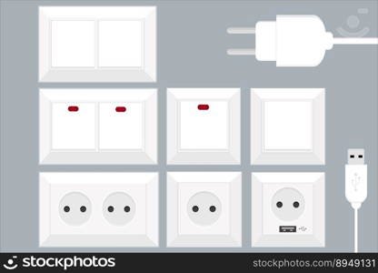 set of different electricity switches and sockets with usb. a set of different electricity switches and sockets with usb