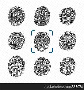 Set of different fingerprints. Police scanner for criminal identity. Vector monochrome illustrations. Finger print for security and identity. Set of different fingerprints. Police scanner for criminal identity. Vector monochrome illustrations