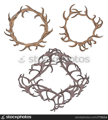 Set of different frame of deer antlers. Vector element for your design. Set of different frame of deer antlers.