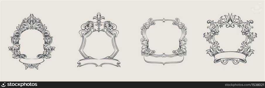 Set of different frame with ribbon in vintage realistic style with place for photo. Collection of various royal luxury avatar with retro design ornament isolated on white background. Set of different frame with ribbon in vintage realistic style with place for photo