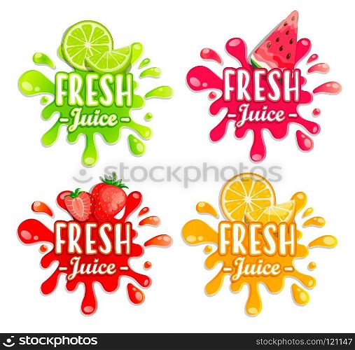 Set of different fruit splashes. Sweet drops and blots. Perfect elements for print, template, design. Vector illustration.. Set of different fruit splashes.