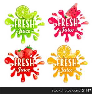 Set of different fruit splashes. Sweet drops and blots. Perfect elements for print, template, design. Vector illustration.. Set of different fruit splashes.