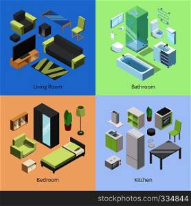 Set of different furniture elements for rooms in modern home. Vector isometric illustrations of kitchen, bedroom, living room, and bathroom. Living room interior isometric in home. Set of different furniture elements for rooms in modern home. Vector isometric illustrations of kitchen, bedroom, living room, and bathroom