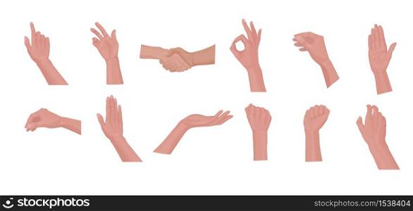 Set of different gestures with a human hand. Hand poses: okay, hello. Cartoon human male hands showing thumbs up, pointing and greeting.. Set of different gestures with a human hand.
