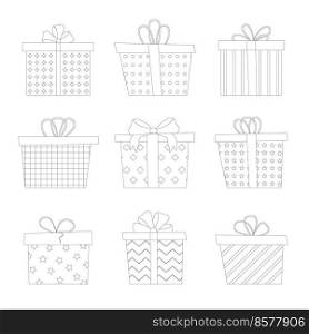 Set of different gift boxes. Flat vector illustration. Color book.. Set of different gift boxes. Flat vector illustration. Color book