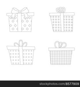 Set of different gift boxes. Flat vector illustration. Color book.. Set of different gift boxes. Flat vector illustration. Color book