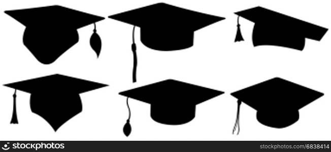 Set of different graduation hats isolated on white
