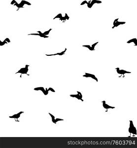 Set of different gull silhouettes. Flying, eating, going, taking off. Seamless pattern. Vector Illustrator. Set of different gull silhouettes. Flying, eating, going, taking off. Seamless pattern.