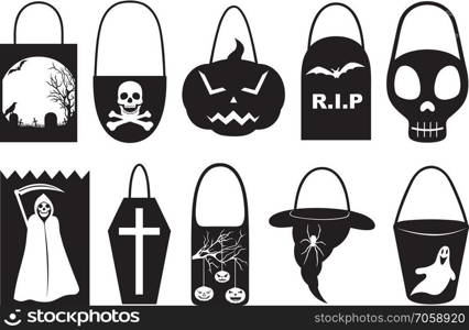 Set of different Halloween trick or treat bags isolated on white