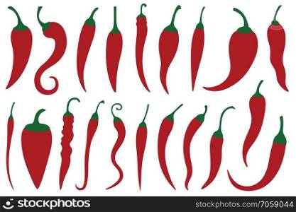 Set of different hot red chili peppers isolated on white