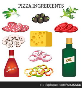 Set of different ingredients for pizza. Vector illustration.