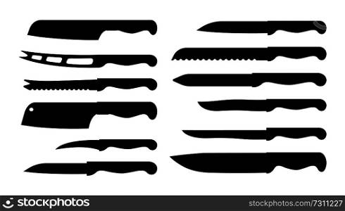 Set of different knife samples vector illustration of black silhouettes with various blades, oval holes, same handles, isolated on white backdrop. Set of Different Knife Samples Vector Illustration