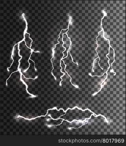 Set of different lightning bolts on a transparent background. Vector.