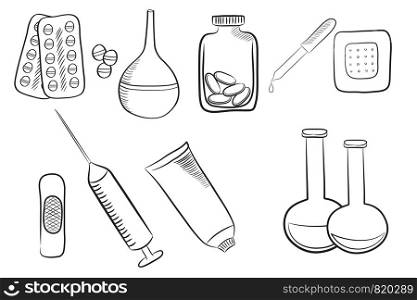 Set of different medical icons, various drugs, pills, and medications. Hand drawn line art cartoon vector illustration.