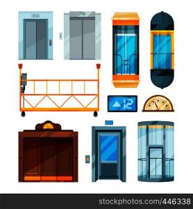 Set of different modern glass elevators. Vector pictures in cartoon style. Collection of lift and elevator door for hotel and modern office illustration. Set of different modern glass elevators. Vector pictures in cartoon style
