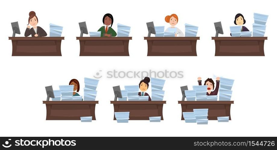 Set of different nationalities women workload workers in flat style. The object is separate from the background. Vector element for articles, banners, icons and your design.. Set of different nationalities women workload workers in flat style. The object is separate from the background.
