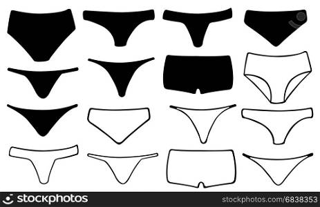 Set of different panties isolated on white