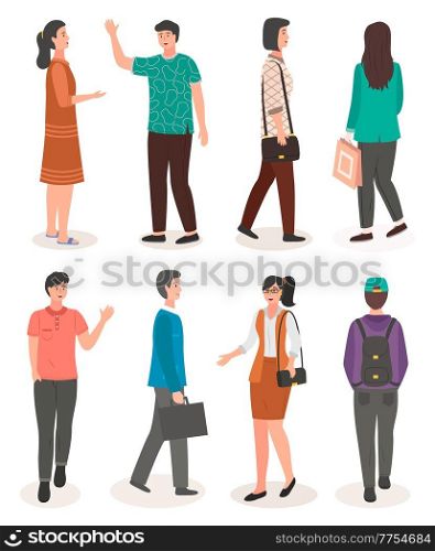 Set of different people from side, front, back view. People walking at city streets isolated. Guy with backpack, businesswoman, woman with package, businessman with briefcase, guy waving hand. Guy with backpack, businesswoman, woman with package, businessman with briefcase, guy waving hand