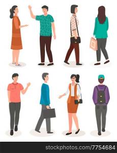 Set of different people from side, front, back view. People walking at city streets isolated. Guy with backpack, businesswoman, woman with package, businessman with briefcase, guy waving hand. Guy with backpack, businesswoman, woman with package, businessman with briefcase, guy waving hand