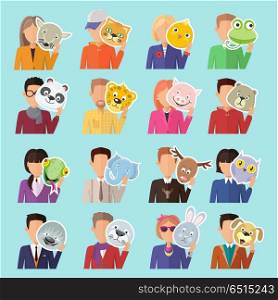 Set of different people with various animal masks in hand vector. Flat design. Masquerade animal clothing and party costume. Psychological portrait and hidden personality. Isolated on blue background. Set of People with Animal Masks Flat Design Vector. Set of People with Animal Masks Flat Design Vector