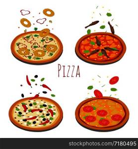 Set of different pizzas with falling ingredients. Pizza with tomato and cheese, pineapple and seafood illustration vector. Set of different pizzas with falling ingredients