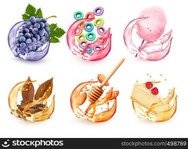 Set of different products flavors in juice splash. Grapes, fruit-flavored cereal, cotton candy, honey and almond, cheescake with respberry, tobacco. Vector icons.